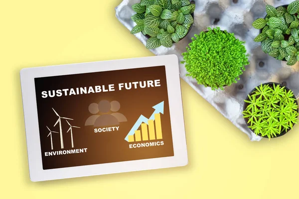 Sustainable Future Environment Protection Society Economics Computer Tablet Planting Few — Foto de Stock