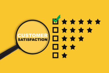 Customer satisfaction word and survey with magnifying glass. Five stars feedback concept and customer focus idea