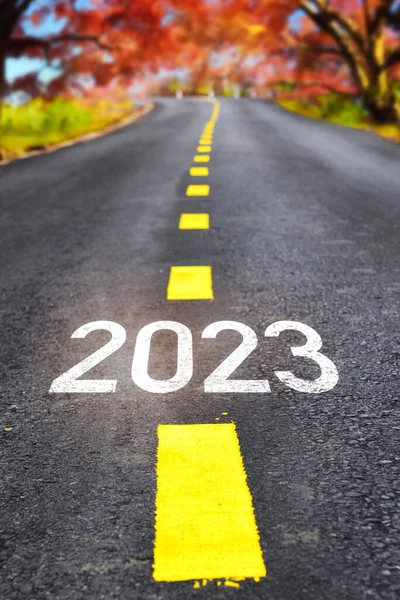 2023 Sustainable Future Road Autumn Forest Inspiration Motivation Concept Recovery Rechtenvrije Stockfoto's