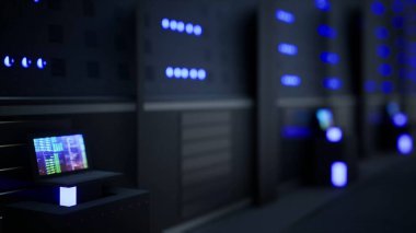 Bir veri merkezinin ya da Isp 'in sunucu odasındaki cam panellerin arkasındaki Ağ ve Veri Sunucuları, 3D Görüntüleme