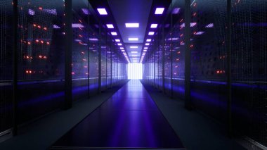 Bir veri merkezinin ya da Isp 'in sunucu odasındaki cam panellerin arkasındaki Ağ ve Veri Sunucuları, 3D Görüntüleme