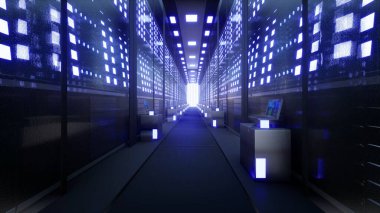 Bir veri merkezinin ya da Isp 'in sunucu odasındaki cam panellerin arkasındaki Ağ ve Veri Sunucuları, 3D Görüntüleme