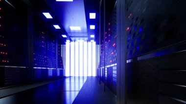 Bir veri merkezinin ya da Isp 'in sunucu odasındaki cam panellerin arkasındaki Ağ ve Veri Sunucuları, 3D Görüntüleme