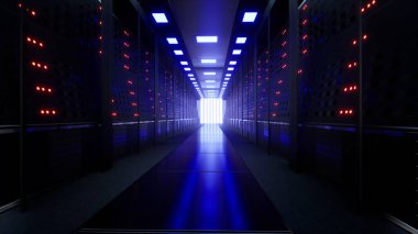 Bir veri merkezinin ya da Isp 'in sunucu odasındaki cam panellerin arkasındaki Ağ ve Veri Sunucuları, 3D Görüntüleme