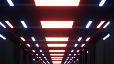 Fütürist metal bir koridorda neon renkli lazer hatlarıyla uçun.