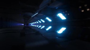 Mavi Lazer Neon Çizgileriyle Geleceğin Metalik Koridorunun İçinde Uçun, 3D görüntüleme