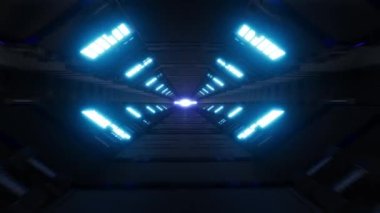 Mavi Lazer Neon Çizgileriyle Geleceğin Metalik Koridorunun İçinde Uçun, 3D görüntüleme