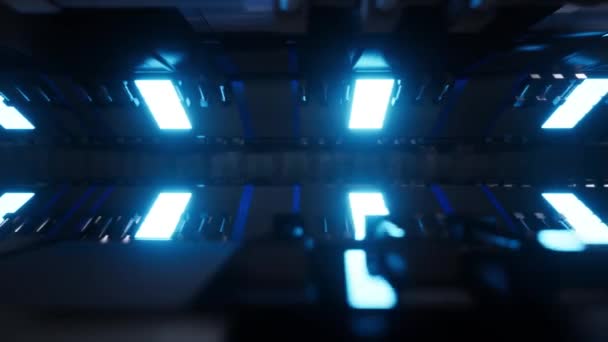 Mavi Lazer Neon Çizgileriyle Geleceğin Metalik Koridorunun Çinde Uçun Görüntüleme — Stok video