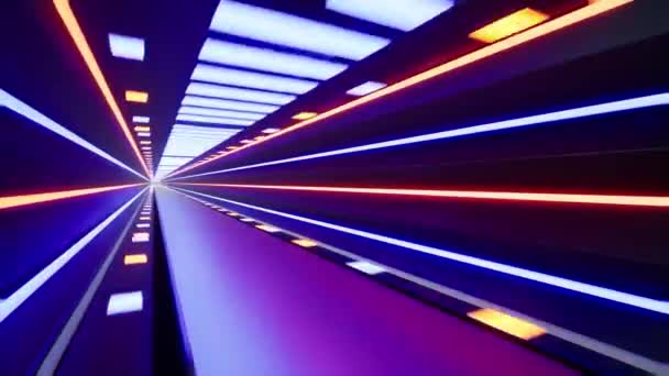 Fly uvnitř futuristické kovové chodby s neonově zbarvenými laserovými liniemi, 3D vykreslování