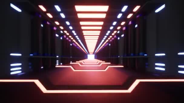 Fly Uvnitř Futuristické Kovové Chodby Neonově Zbarvenými Laserovými Liniemi Vykreslování — Stock video
