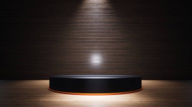 Siyah arka planda siyah yuvarlak podyum. Ödül töreni için boş kaide. Sahne ışıklarıyla aydınlatılmış bir platform. 3B illüstrasyon