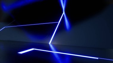 Tavanda, duvarda ve yerde mavi, mor neon ışıklar var.