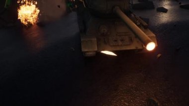 Yıkımın ardından. Yıkıcı bir duvarın arkasında bir tank. 3 Boyutlu Canlandırma