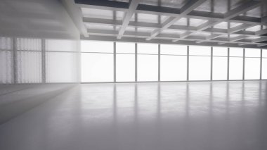 Soyut beyaz ve siyah iç mekan pencereli çok katlı kamusal alan. 3B illüstrasyon