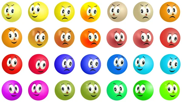 Uppsättning flinande och leende färgade bollar ansikten — Stockfoto