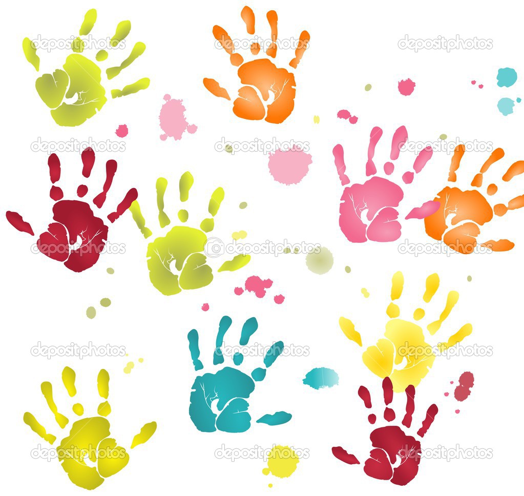 Colorful flat hands imprints with paint blots
