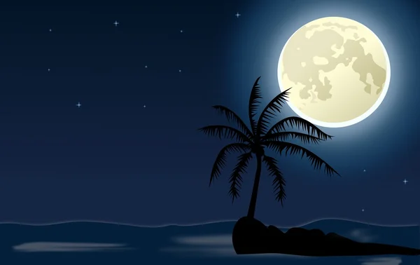 在反对夜空和月亮的小岛上的棕榈 — 图库照片
