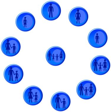 blauwe knoppen met man, vrouw, kind en gezin cijfers