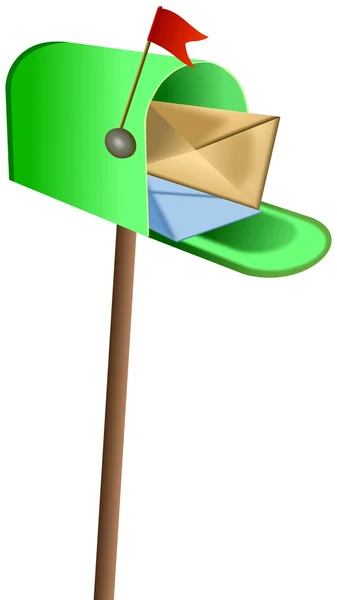 Зеленый почтовый ящик на панели с флагом и цветными буквами — стоковое фото