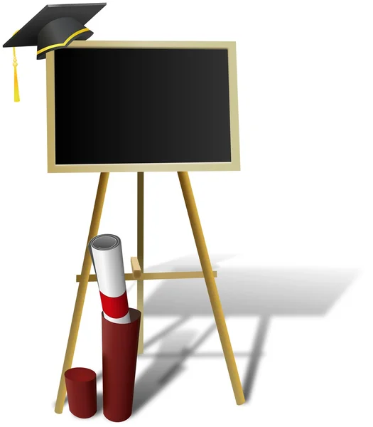 Education theme with school table, diploma and graduation hat — Stock Photo, Image