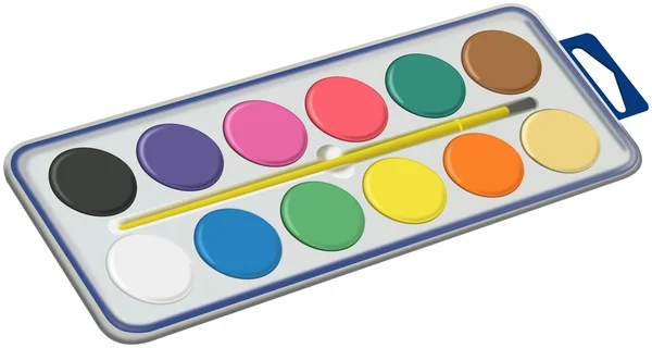 Set of water colors with brush in box — Stock Photo, Image