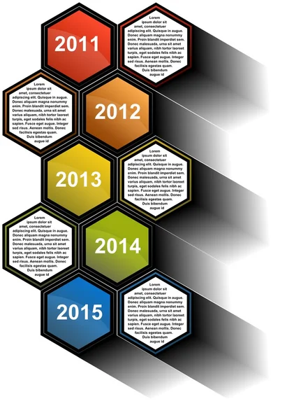 Infographic timeline report with colored hexagons — Stock Photo, Image