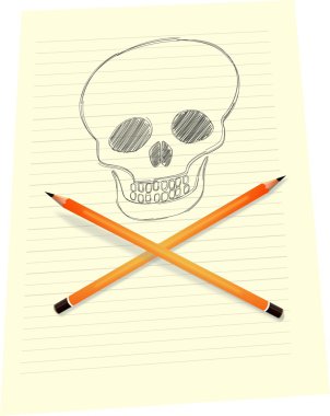 Kafatası ile çapraz kalemler kağıt üzerine çizim