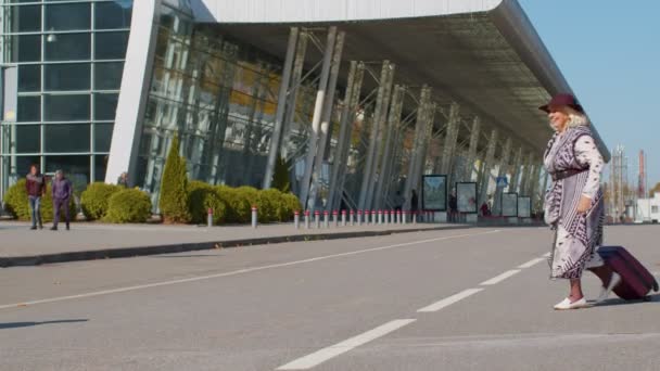 Старший старий чоловік і дружина пішли на пенсію зустріч туристів в терміналі аеропорту після подорожі — стокове відео