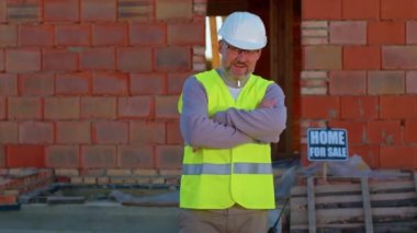 İnşaat mühendisi mutlu bir mimar. Onaylı bir şekilde kameraya bakıyor. Başparmaklarını gösteriyor.