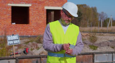 Mutlu zengin emlakçı mimar yeni ev satıyor, üniformalı, nakit geliri olan bir adam.