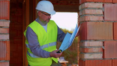 İnşaat mühendisi mimar, inşaat alanındaki planları ve boyutları analiz ediyor.