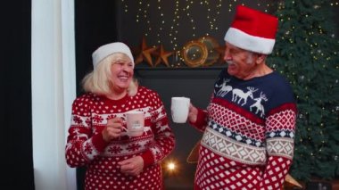 Yaşlı karı koca konuşuyor, Noel 'de parıldayan Xmas ağacının yanında çay içiyor.