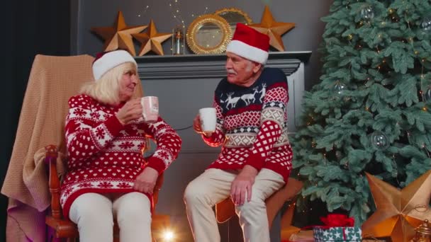 Senior παλιά σύζυγος και ο σύζυγος μιλάμε, πίνοντας τσάι κοντά λαμπερό χριστουγεννιάτικο δέντρο για τα Χριστούγεννα στο δωμάτιο στο σπίτι — Αρχείο Βίντεο