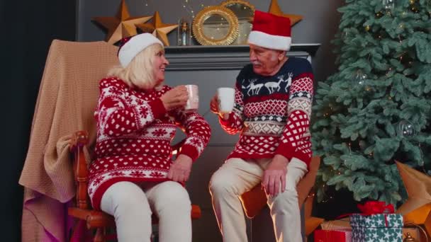 Старшая бабушка, бабушка наслаждается приятной рождественской беседой, пьет горячий чай дома — стоковое видео