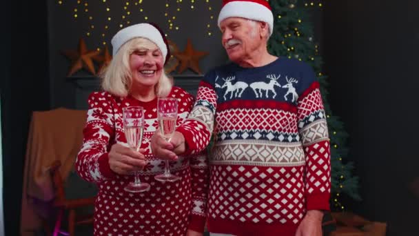 Glad äldre familj par firar jul hemma, klinkande glasögon och dricka champagne — Stockvideo