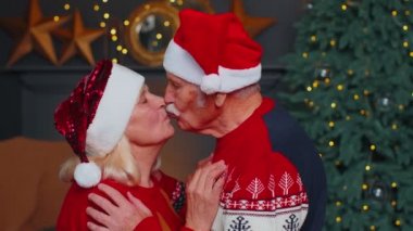 Yaşlı mutlu aile çifti büyükannesi Noel odasında sarılıp öpüşüyor.