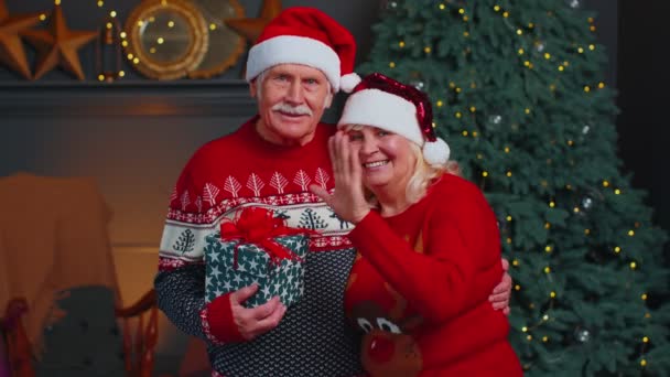 Esposa e marido sênior olhando para a câmera perto brilhando árvore de Natal, acenando Olá, fazendo um beijo — Vídeo de Stock