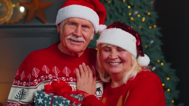 Volwassen paar familie in de kerstman hoeden vieren Kerstmis kijken naar camera en knuffelen thuis — Stockvideo