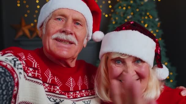 셀프 폰으로 셀카를 하는 성숙 한 가족 크리스마스를 축하하는 온라인 영상 통화 — 비디오