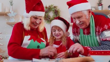 Son sınıf aile büyükannesi, büyükbabası, torunu hazırlanıyor, ev yapımı Noel kurabiyesi pişiriyor.