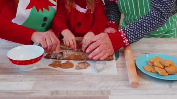 Старші старі бабусі і дідусі з онукою готують дитину, готують печиво в домашніх умовах на різдвяній кухні — стокове відео