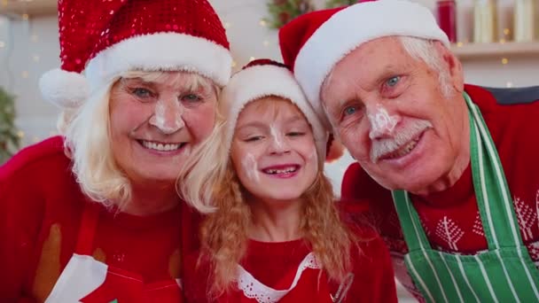 ПОВ старших бабусь і дідусів з онукою бере селфі на мобільний телефон на різдвяній кухні — стокове відео