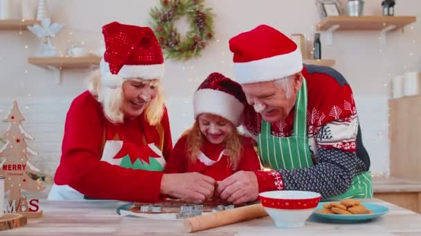 Anziani nonni di famiglia con nipote a Babbo Natale cappelli preparazione, cucinare biscotti fatti in casa — Video Stock