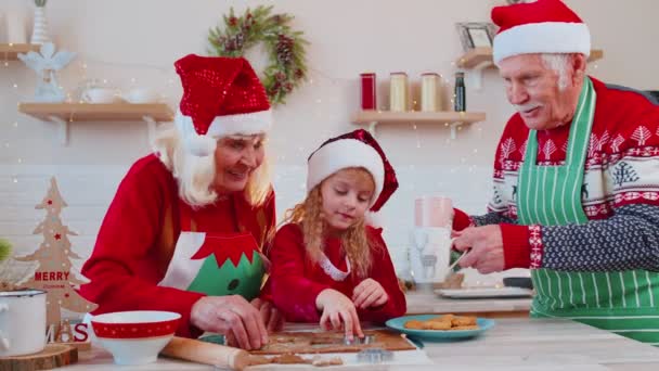 Kakek dengan cangkir coklat panas berjalan di dapur rumah Natal untuk nenek dan cucu — Stok Video