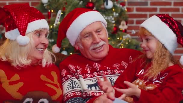 Happy senior grandparents with granddaughter enjoying pleasant conversation in Christmas home room — Stock Video