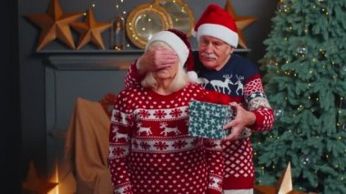 Büyükbabam yaşlı büyükannemin gözlerini sürpriz bir Noel hediyesi kutusuyla kapatıyor.