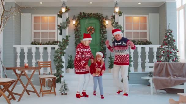 Glückliches Senioren-Ehepaar Großeltern mit Enkelin feiern Tanz in der Nähe von Weihnachtshaus — Stockvideo