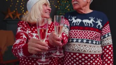 Mutlu son sınıf aile çifti Noel 'i evde kutluyor, kadeh tokuşturuyor ve şampanya içiyor.