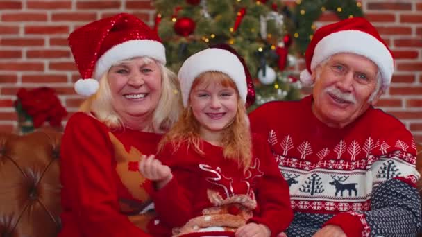 Avós seniores com neta em chapéus de Papai Noel rindo em voz alta em casa perto da árvore de Natal — Vídeo de Stock