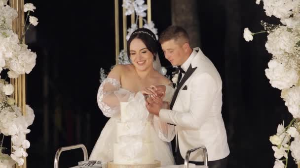 Newlyweds cut the wedding cake, lovely bride and groom couple cutting dessert with a knife outdoors — Stockvideo